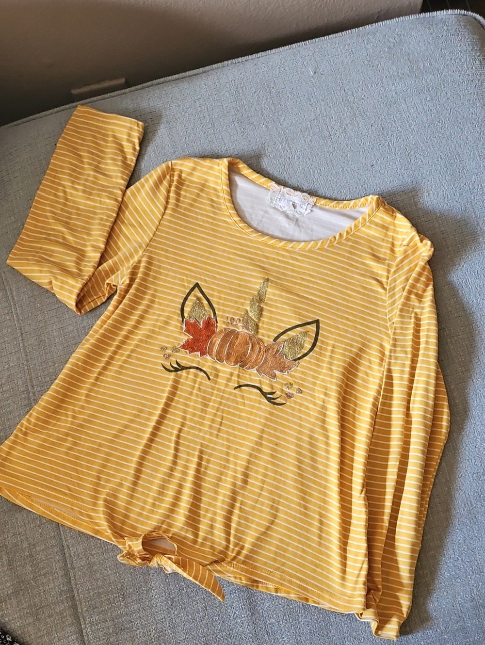 Yellow Striped Unicorn Pumpkin Graphic Long Sleeve Top